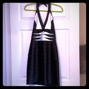 BCBG MaxAzria black and white satan halter dress